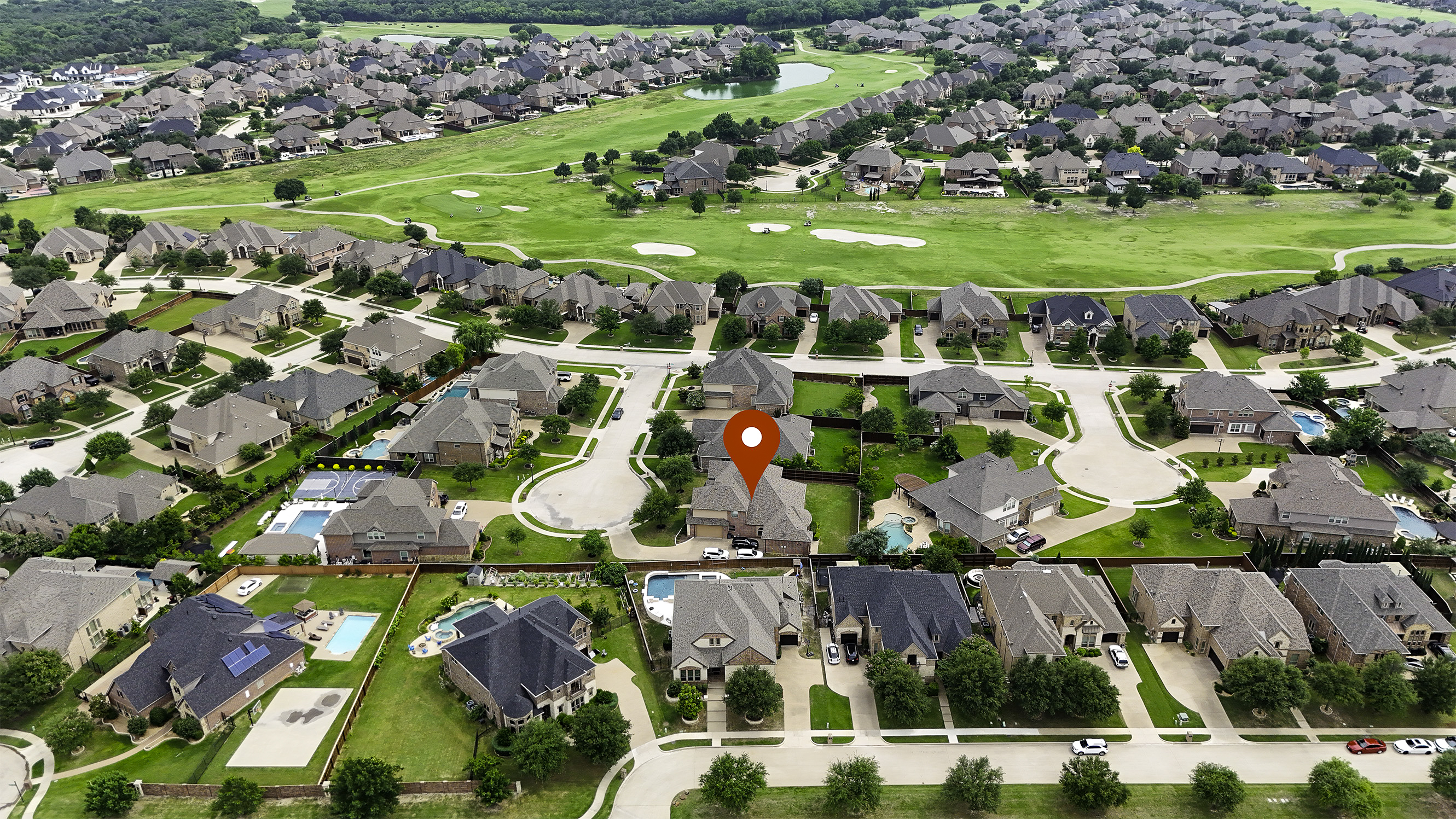 Golf course aerial view with pin point marker